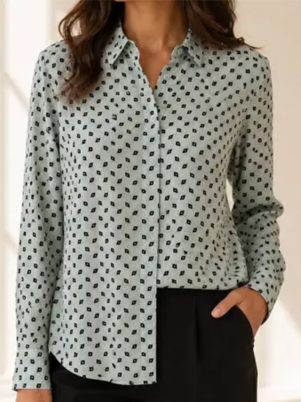 EQUIPMENT FEMME Mint Green Black Geometric Diamond Print Silk Blouse Shirt S